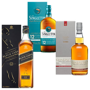 Glenkinchie 2021 Distillers Edition Single Malt Scotch, Johnnie Walker Black Label Blended Scotch & The Singleton Of Dufftown 12 Year Old Single Malt Scotch Whisky, 3x70cl