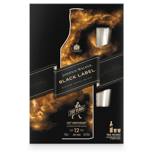 Johnnie Walker Black Label Blended Scotch Whisky Gift pack with 2 Glasses, 70cl